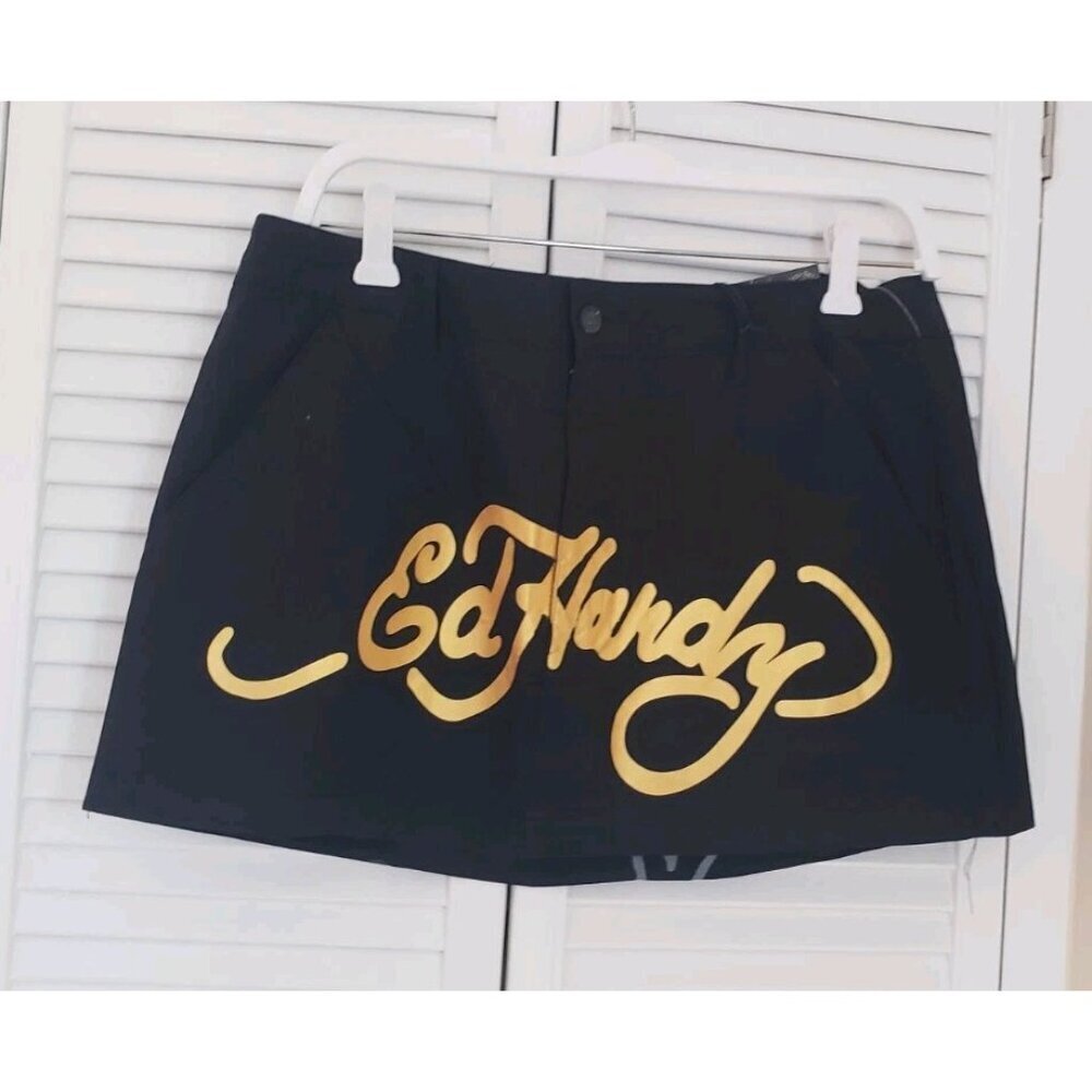 NWT ED HARDY WOMEN'S LKS SKULL SKIRT BLACK POPLIN LARGE - Picture 3 of 7